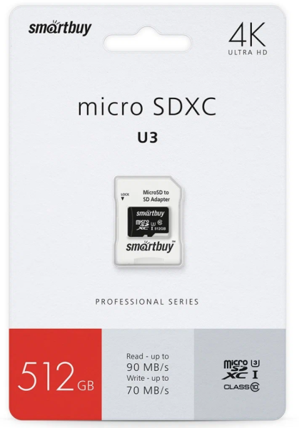 micro SDXC карта памяти Smartbuy 512GB Class10 PRO U3 R/W:90/70 MB/s (с адаптером SD)